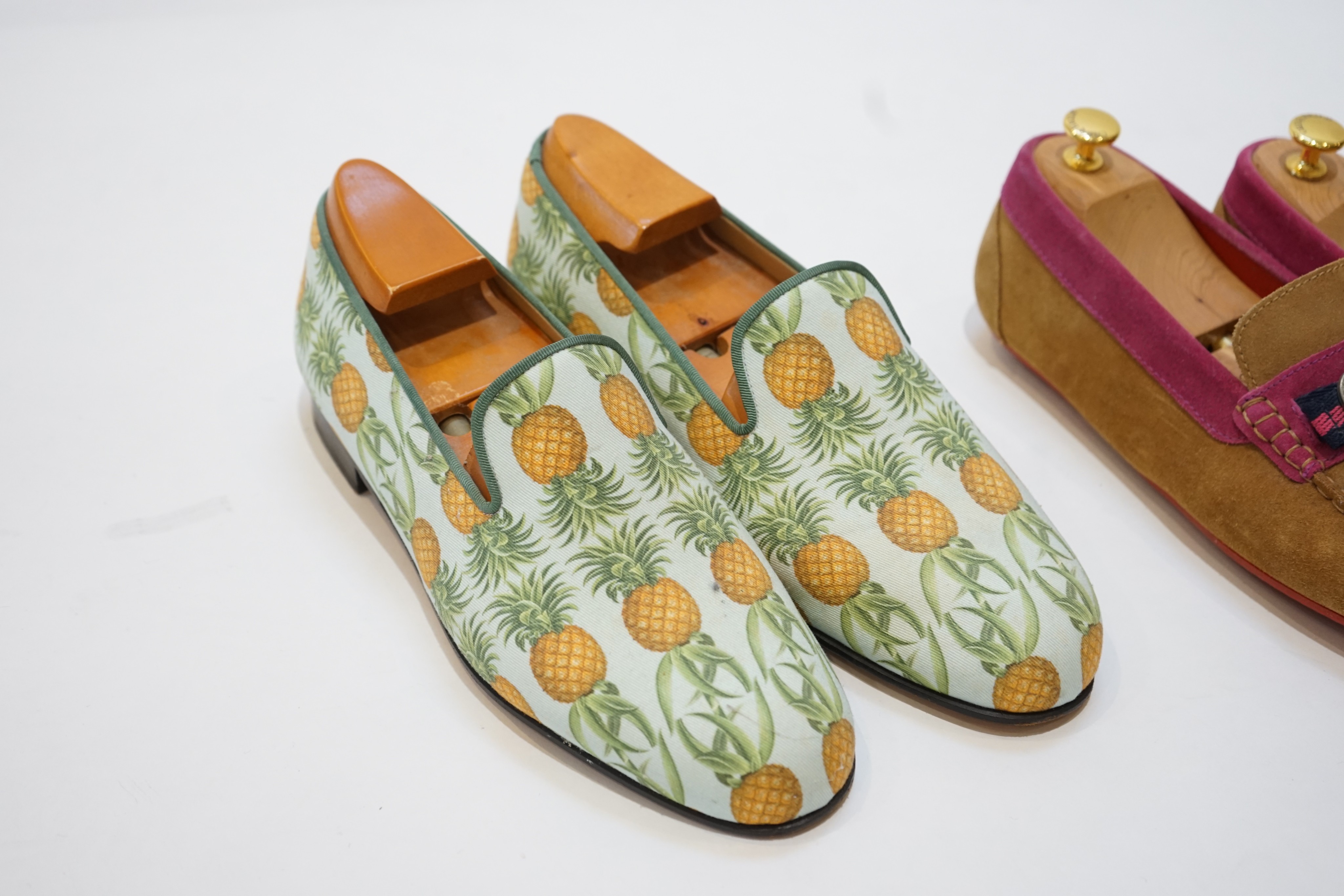 Three pairs of gentleman's Gresham Blake loafers; canvas pineapple print, size 44, canvas bananas, size 43 & suede, size 42.